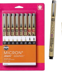 Sakura Pigma Micron. Graphic & Brush Fineline Pens. Archival Black Ink. 8 PK 30067