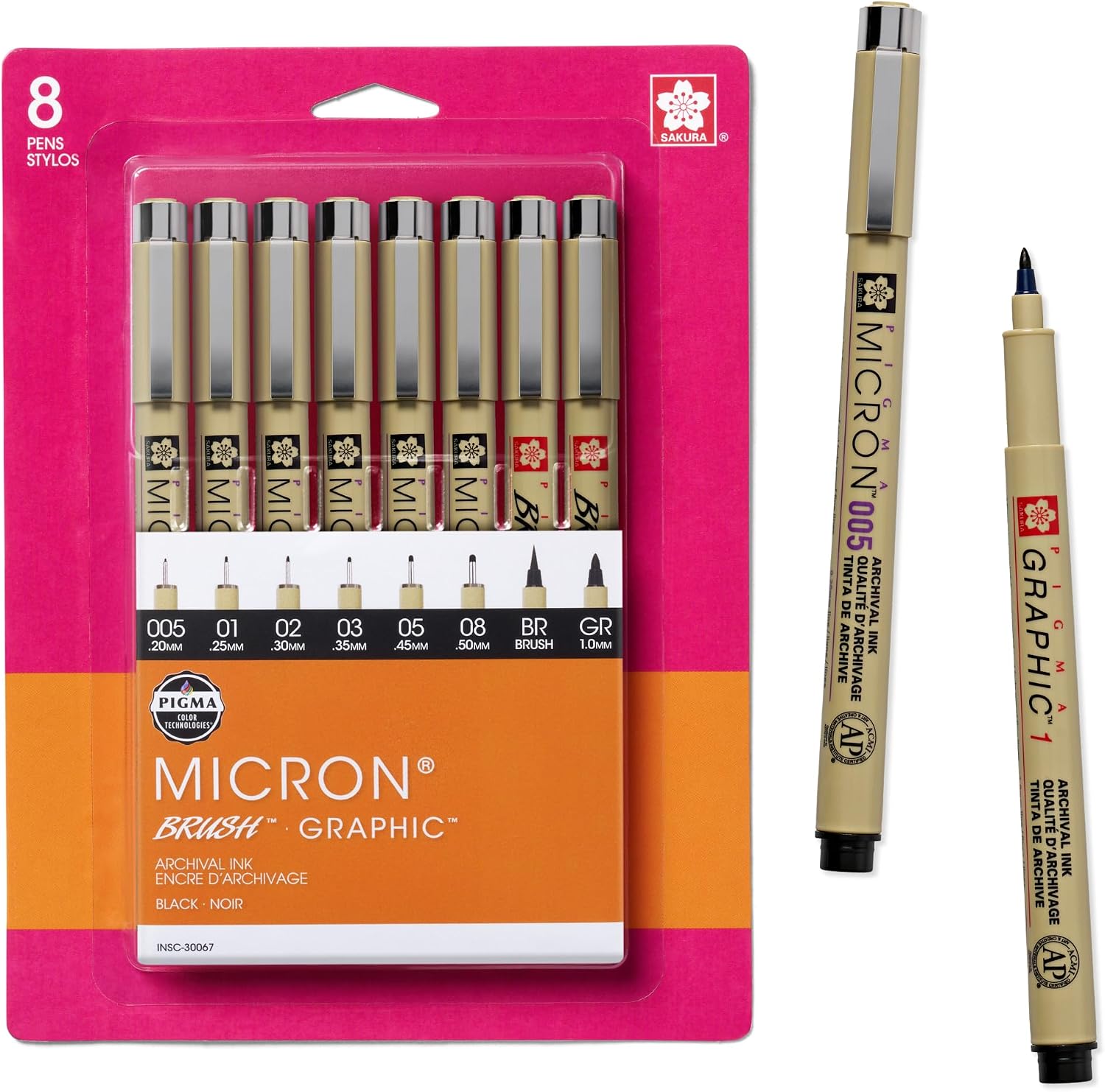 Sakura Pigma Micron. Graphic & Brush Fineline Pens. Archival Black Ink. 8 PK 30067